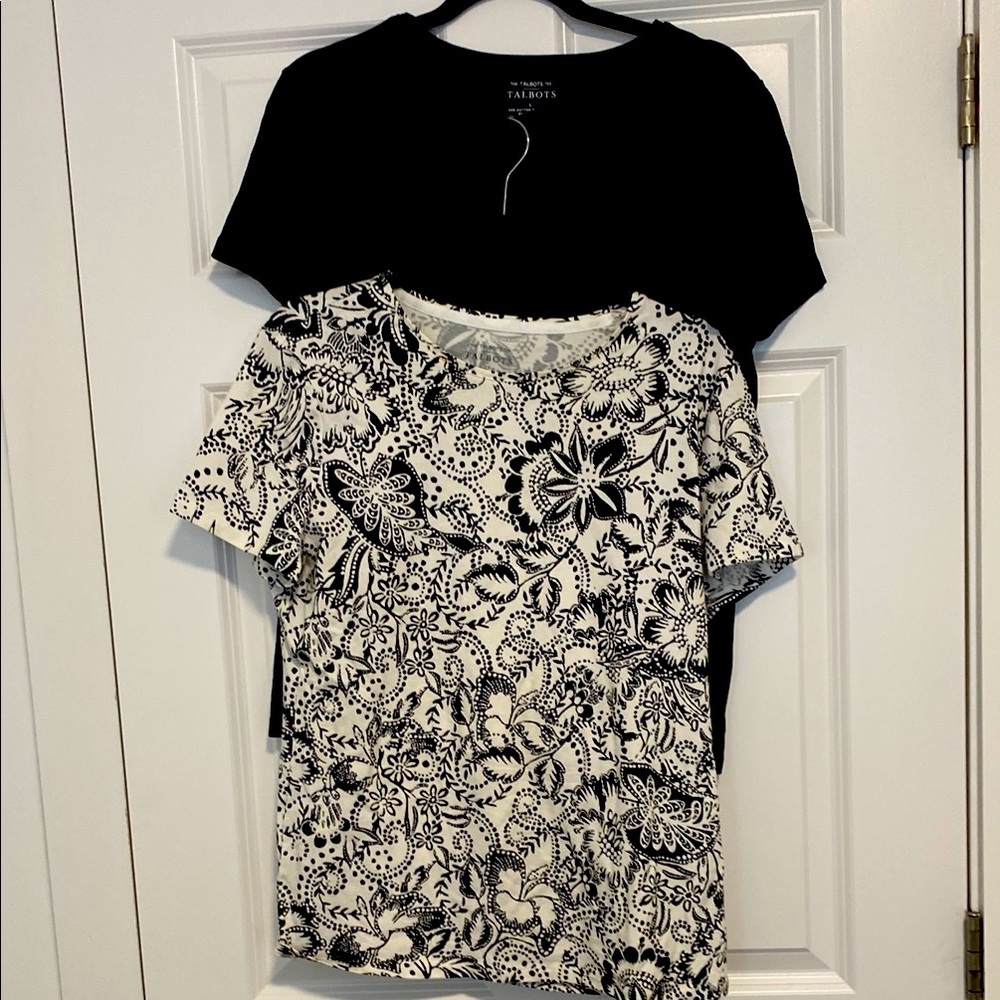 Set of two Talbots Solid Black and Black and White Print Short Sleeve T-Shirts